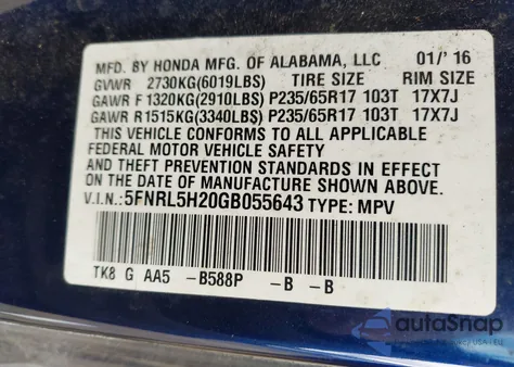 2016 Honda Odyssey Lx z USA, uszkodzony, nr VIN 5FNRL5H20GB055643